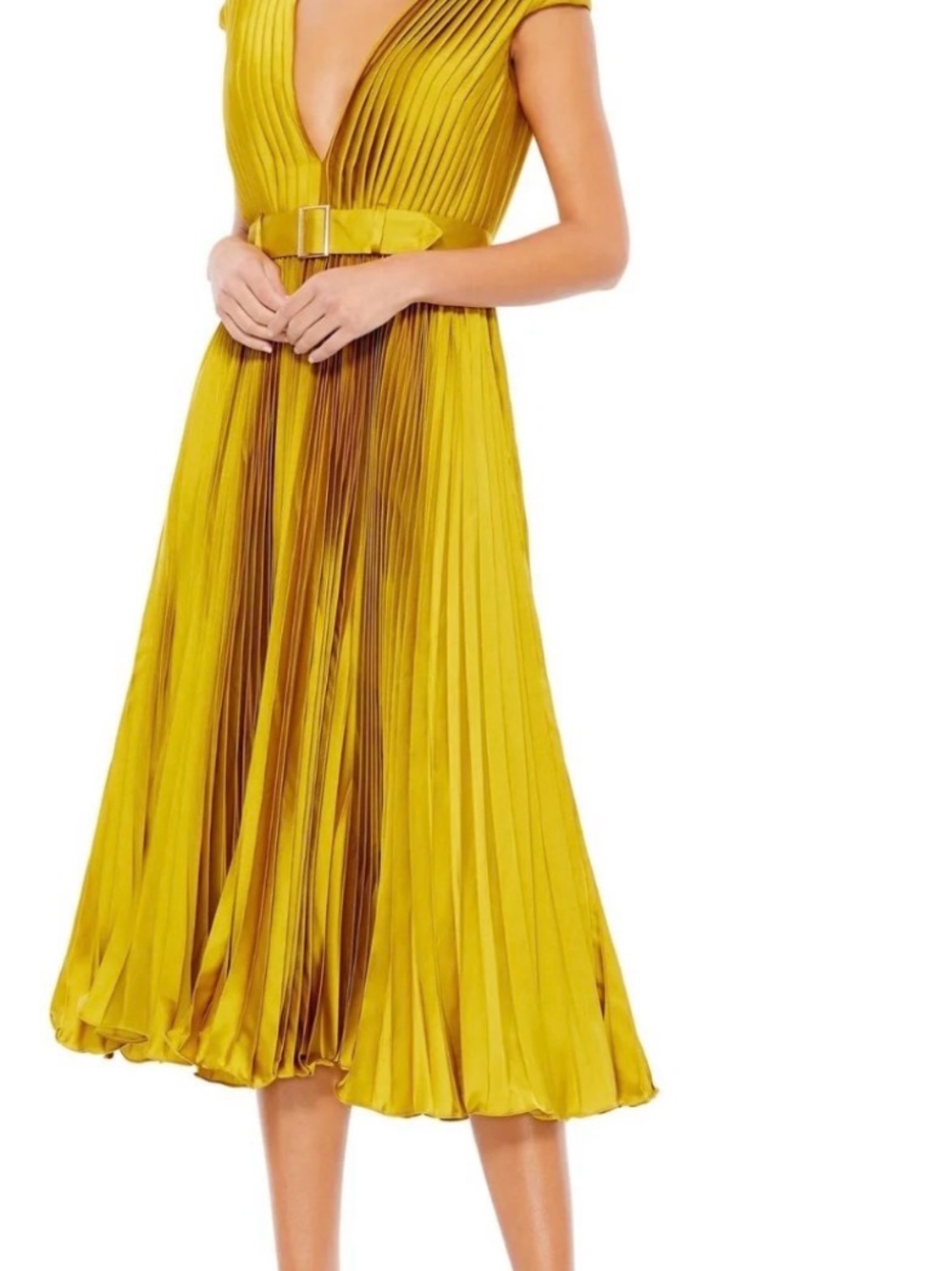 Mac Duggal Yellow mustard Pleated Midi Dress with Deep V and Belt